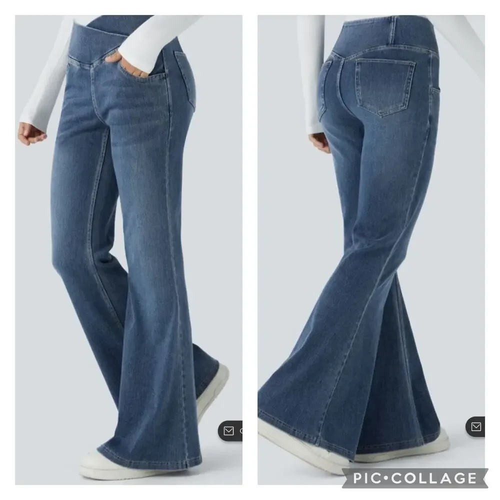 Halara Flex High Waisted Crossover Waist Casual Flare Jeans NEW XL Petite - Picture 1 of 6